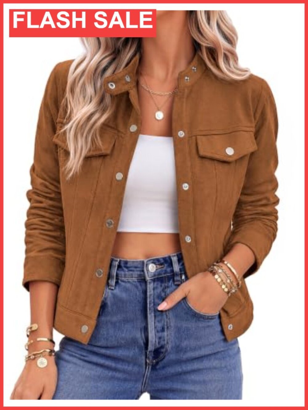 Faux Suede Cropped Jacket Snap Button Chenille Button Down Coat